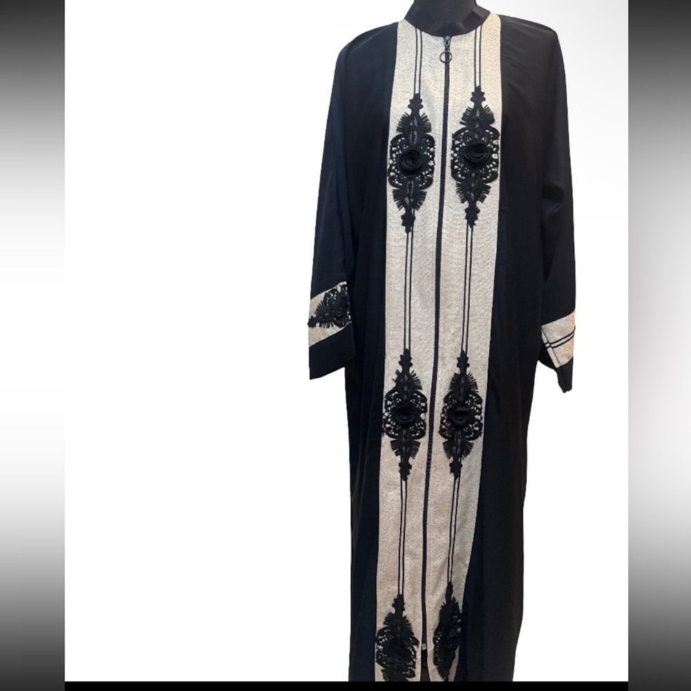 Black Abaya with Embroidered Cream Panel